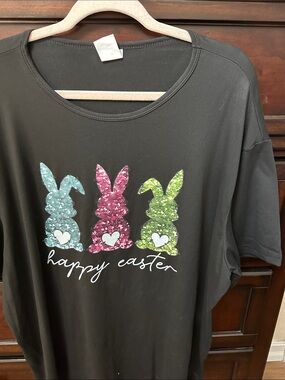 Black Short Sleeve Tee — 'Happy Easter' Sequin Bunny Graphic